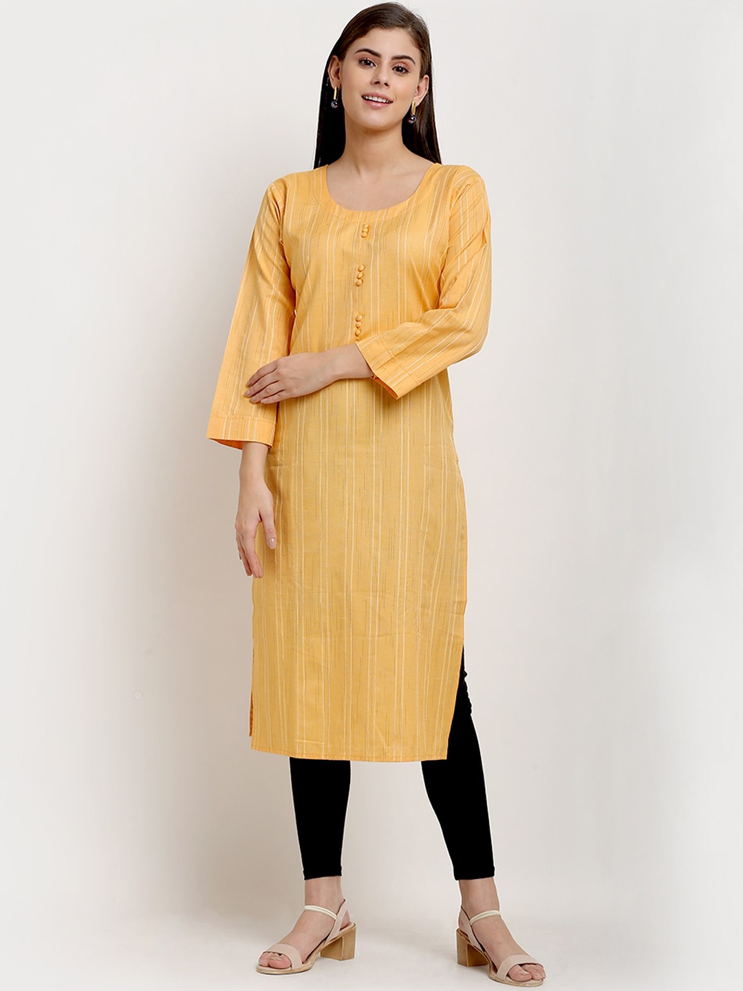 

GRACIT Women Yellow & White Striped Cotton Kurta