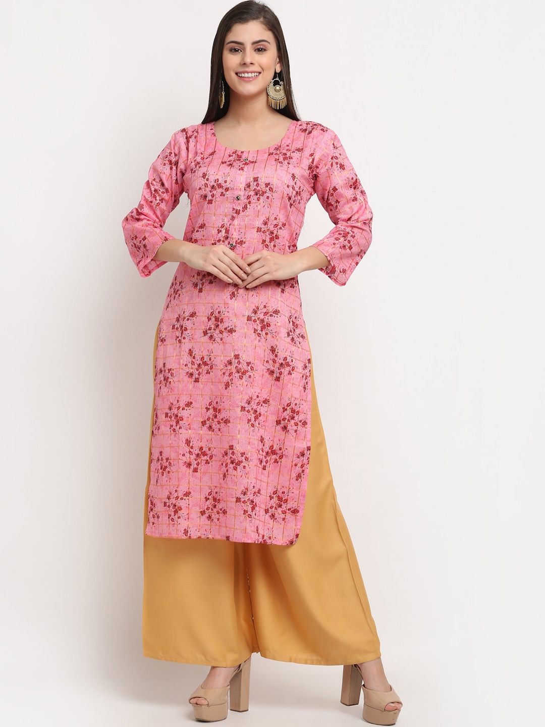 

GRACIT Women Pink Ethnic Motifs Printed Gotta Patti Floral Kurta