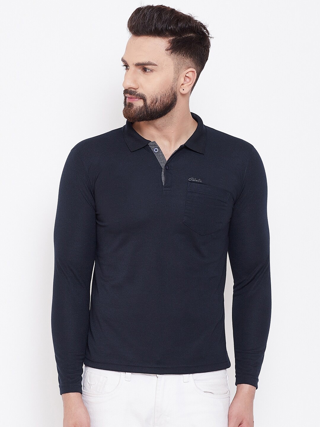 

Adobe Men Navy Blue Polo Collar Pockets T-shirt