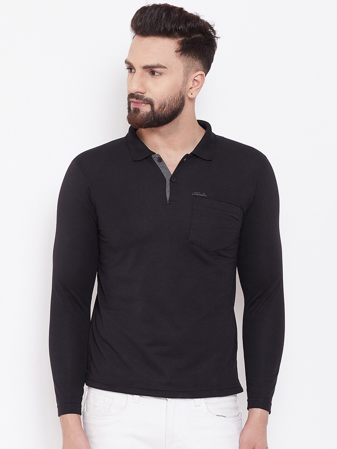 

Adobe Men Black Polo Collar Pockets T-shirt