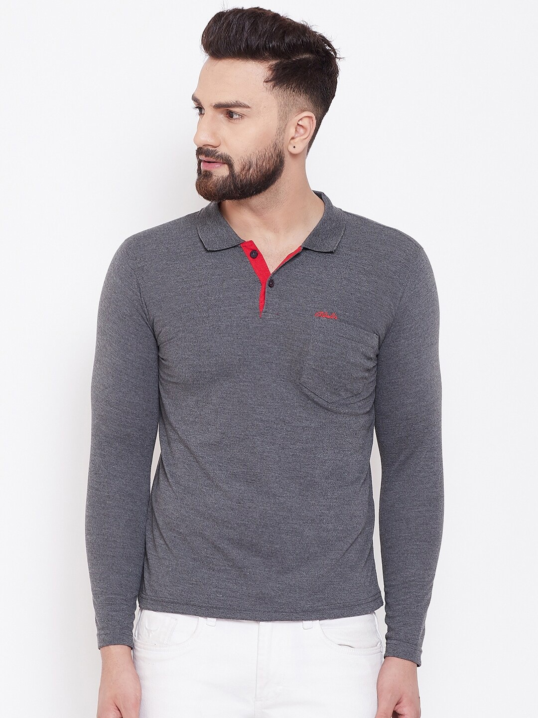 

Adobe Men Charcoal Polo Collar Chest Pocket T-shirt