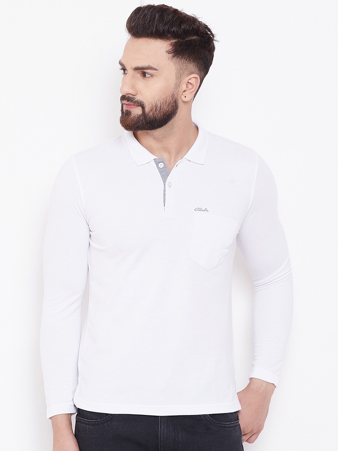 

Adobe Men White Polo Collar Pockets T-shirt