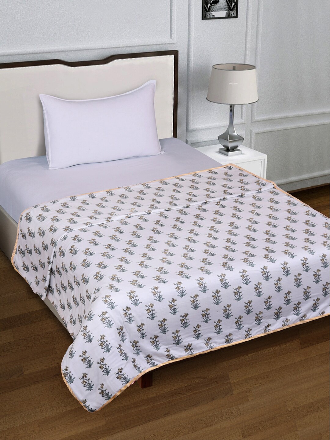 

ROMEE White & Yellow Floral AC Room 300 GSM Single Bed Dohar