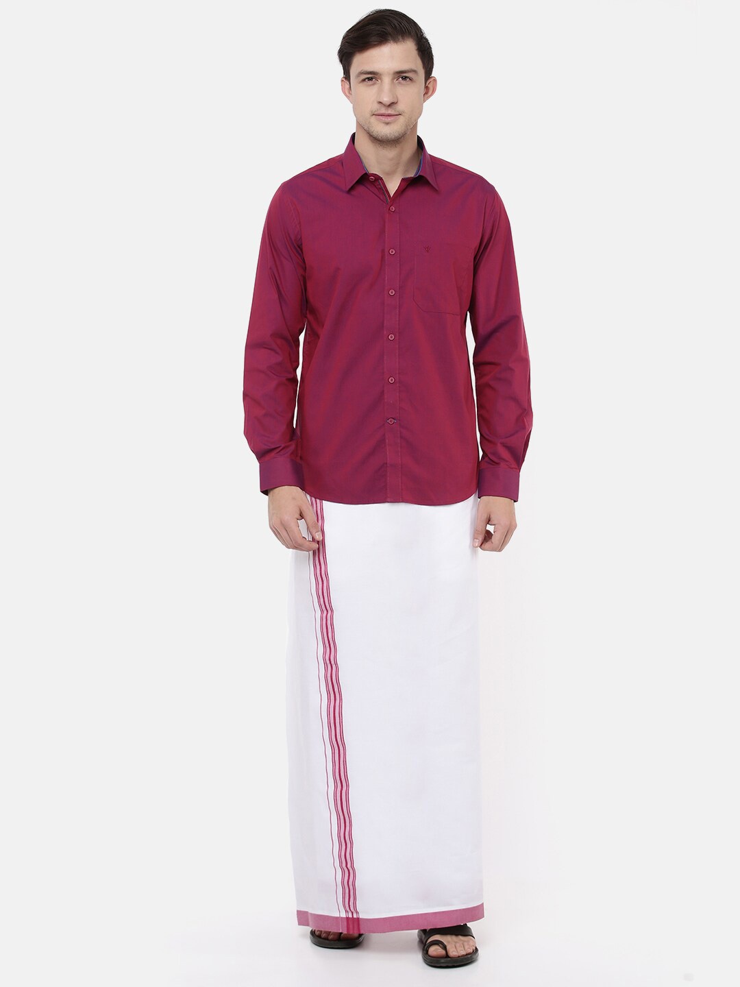

Ramraj Men Maroon & White Pure Cotton Solid Shirt with Vesthi