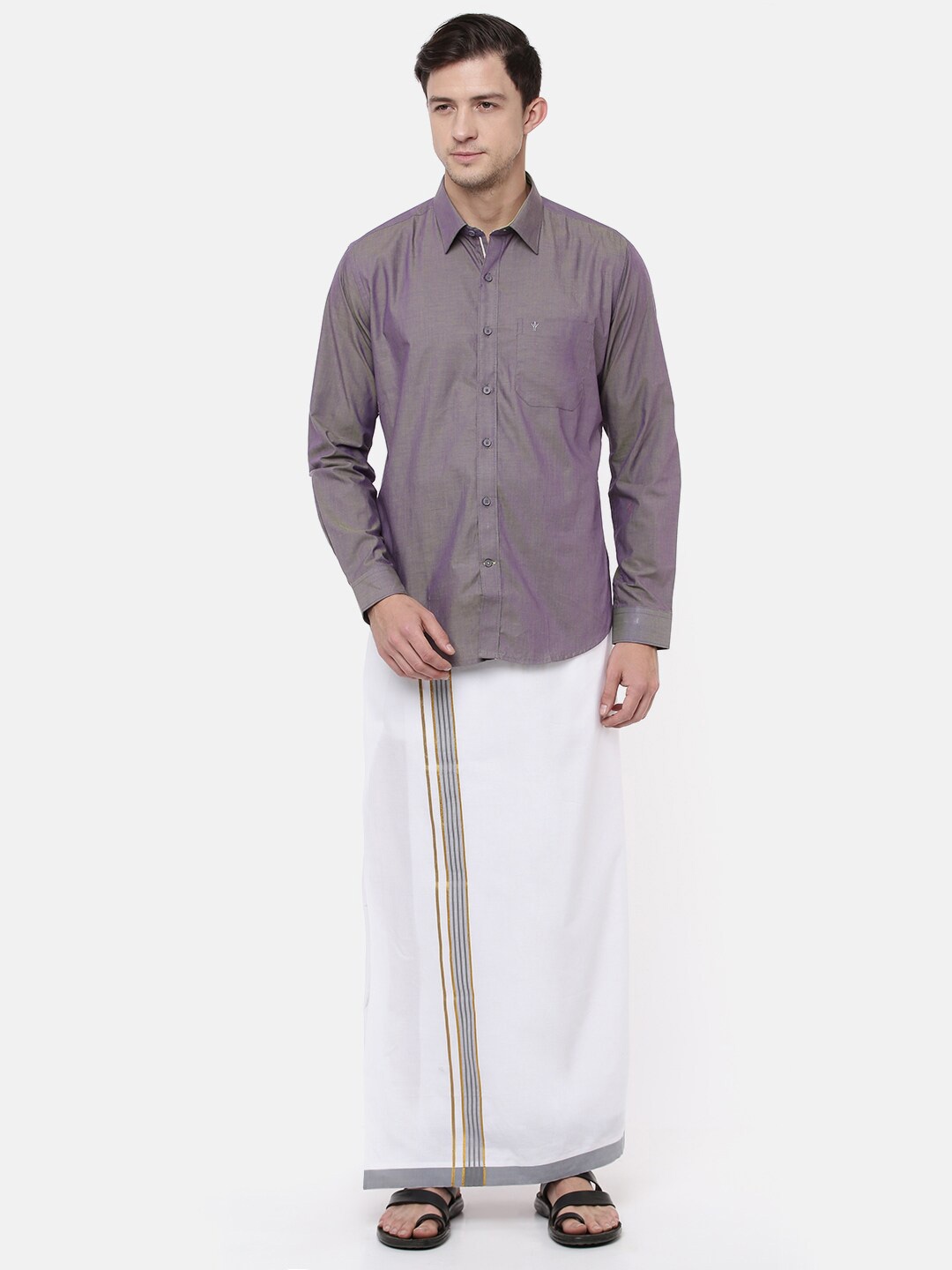 

Ramraj Men Purple & White Pure Cotton Solid Shirt with Vesthi