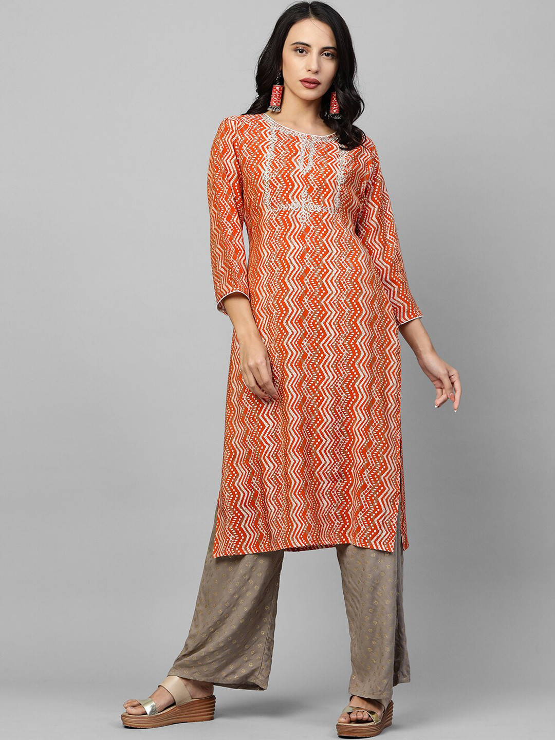 

FASHOR Women Orange Printed Thread Work Kurta