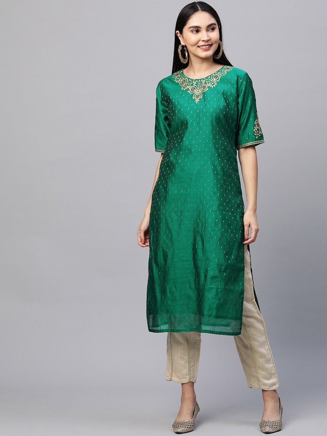 

FASHOR Women Green Ethnic Motifs Woven Design Thread Work Chanderi Silk Straight Kurta