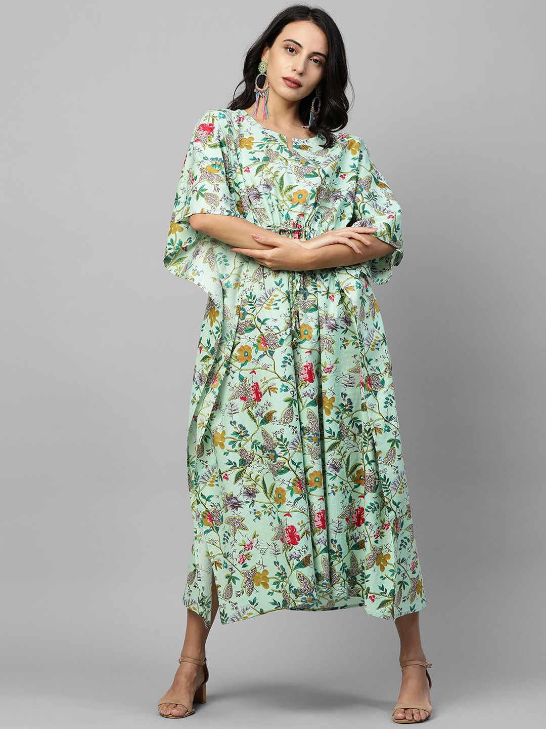 

FASHOR Green & Orange Floral Kaftan Midi Cotton Dress