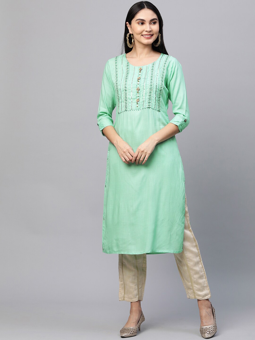 

FASHOR Women Green Embroidered Yoke Design Straight Kurta