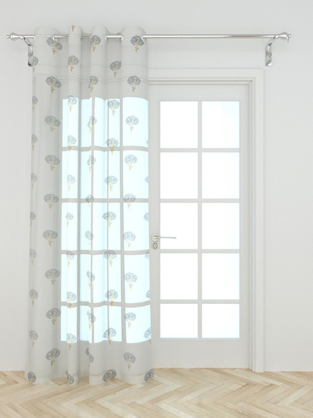 

Home Centre Grey & Blue Ethnic Motifs Sheer Chanderi Single Door Curtain