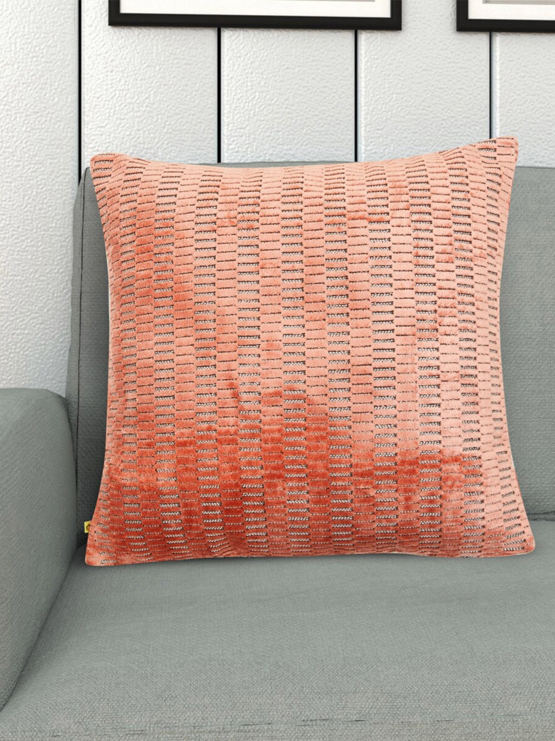 

Home Centre Peach-Coloured & Grey Geometric Square Cushion Cover