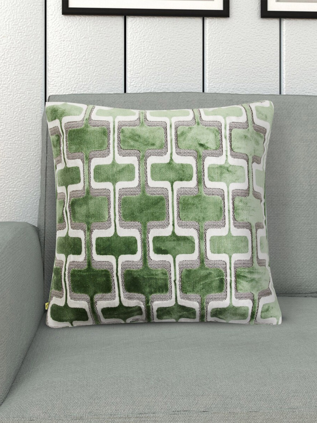 

Home Centre Green & White Single Geometric Jacquard Polyester Square Cushion Cover