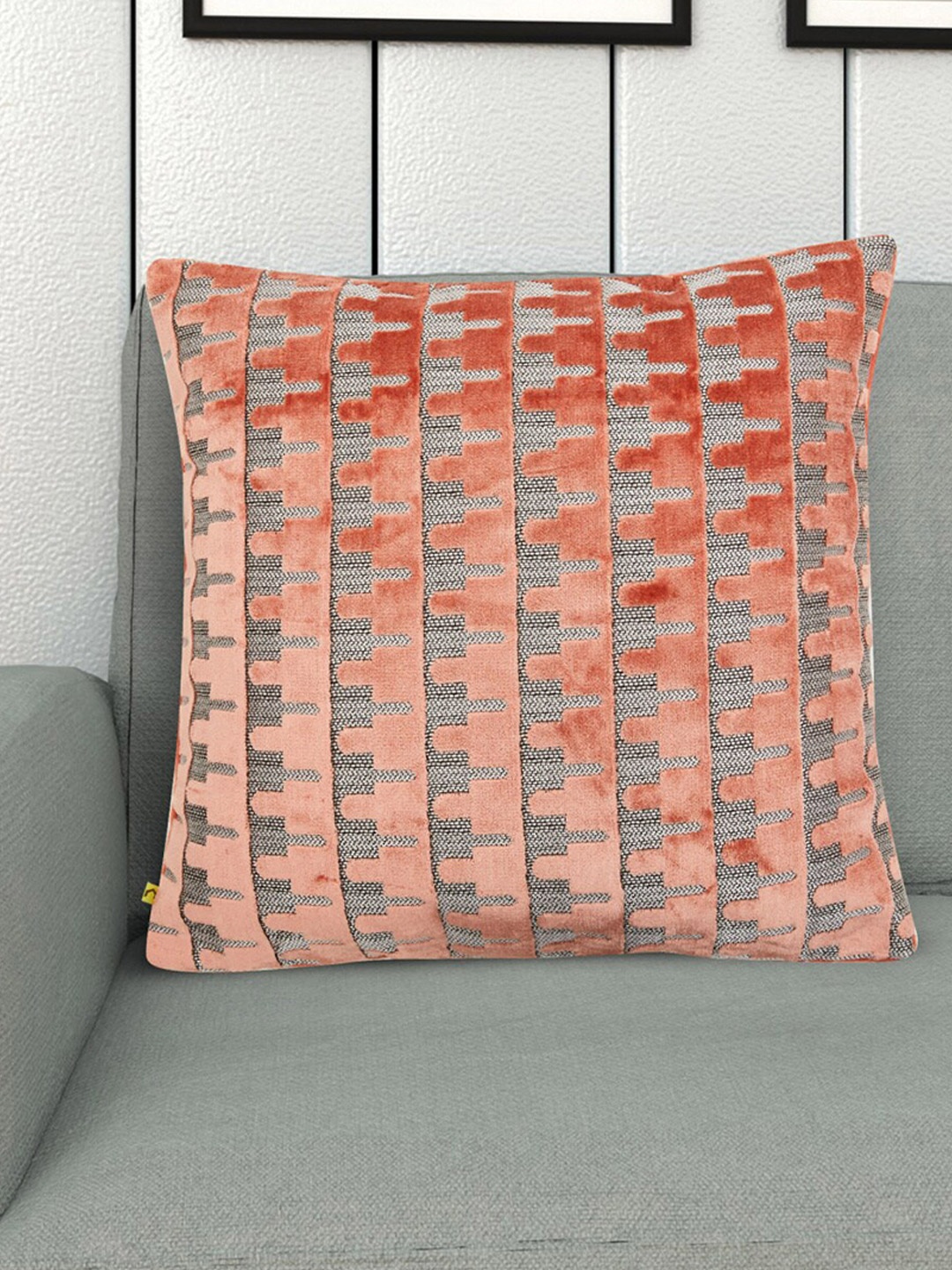 

Home Centre Peach-Coloured & Grey Square Cushion Cover