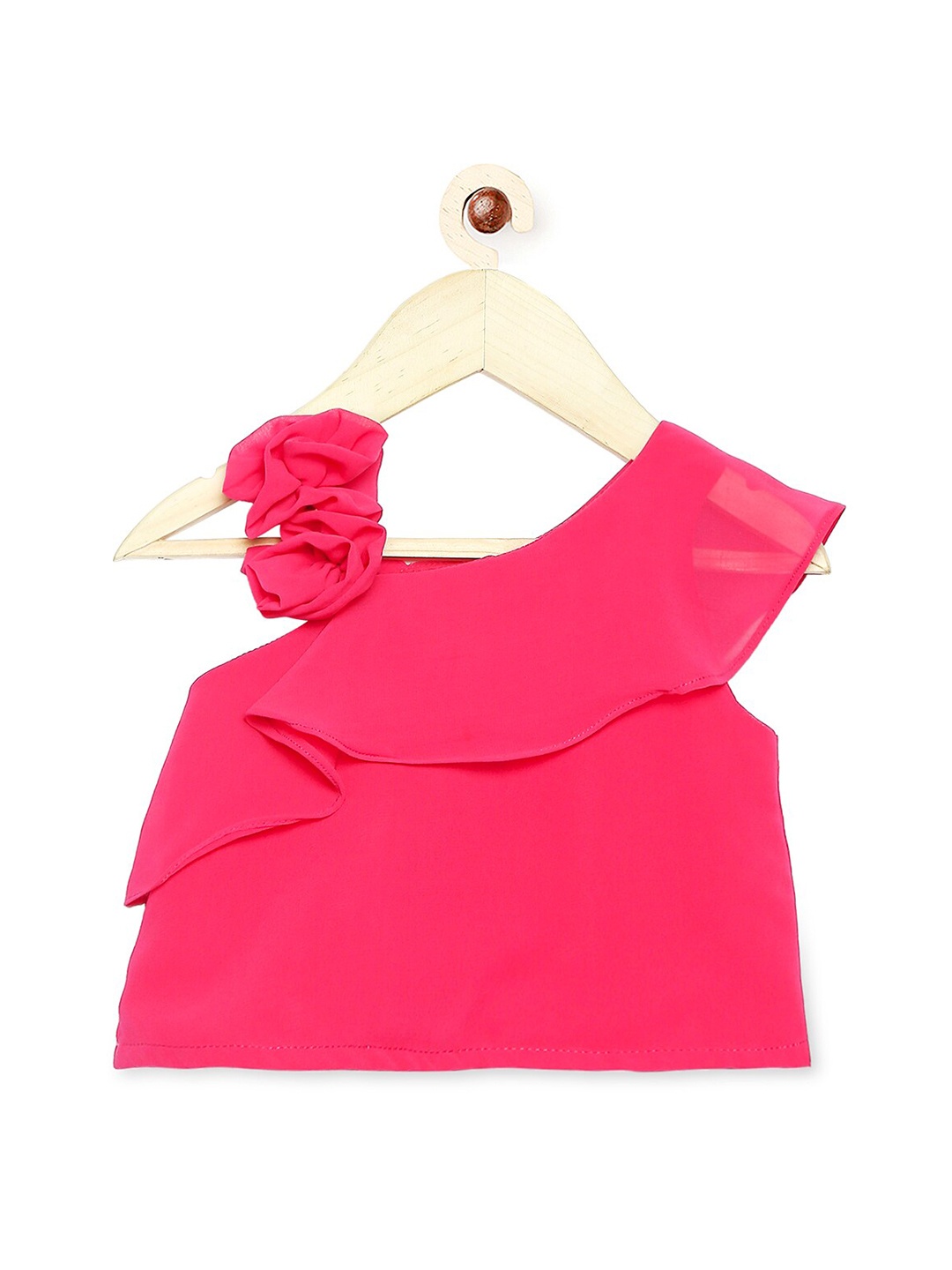 

MANY FROCKS & Pink One Shoulder Ruffles Georgette Regular Crop Top