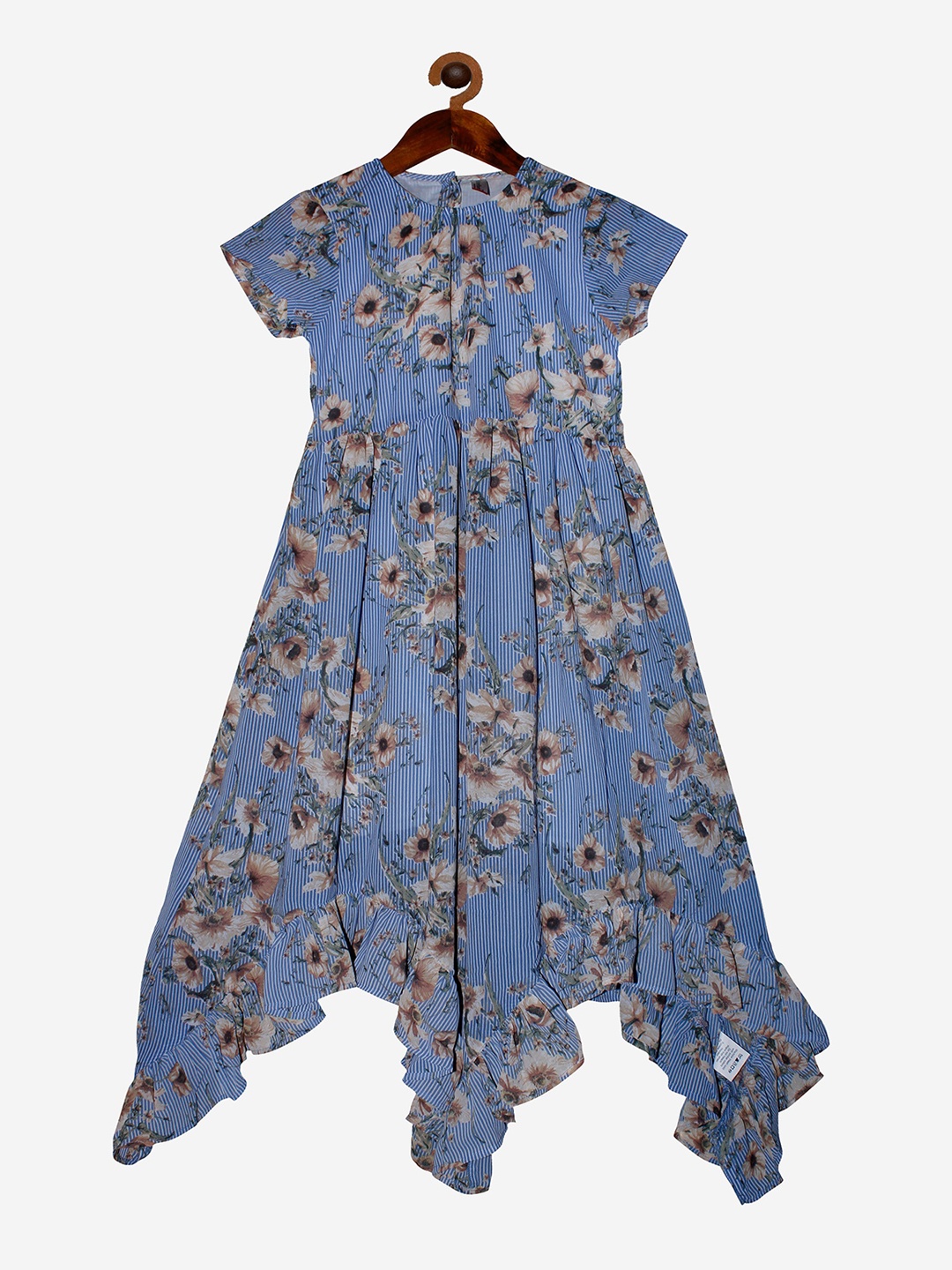 KiddoPanti Blue & Beige Floral Georgette Maxi Dress