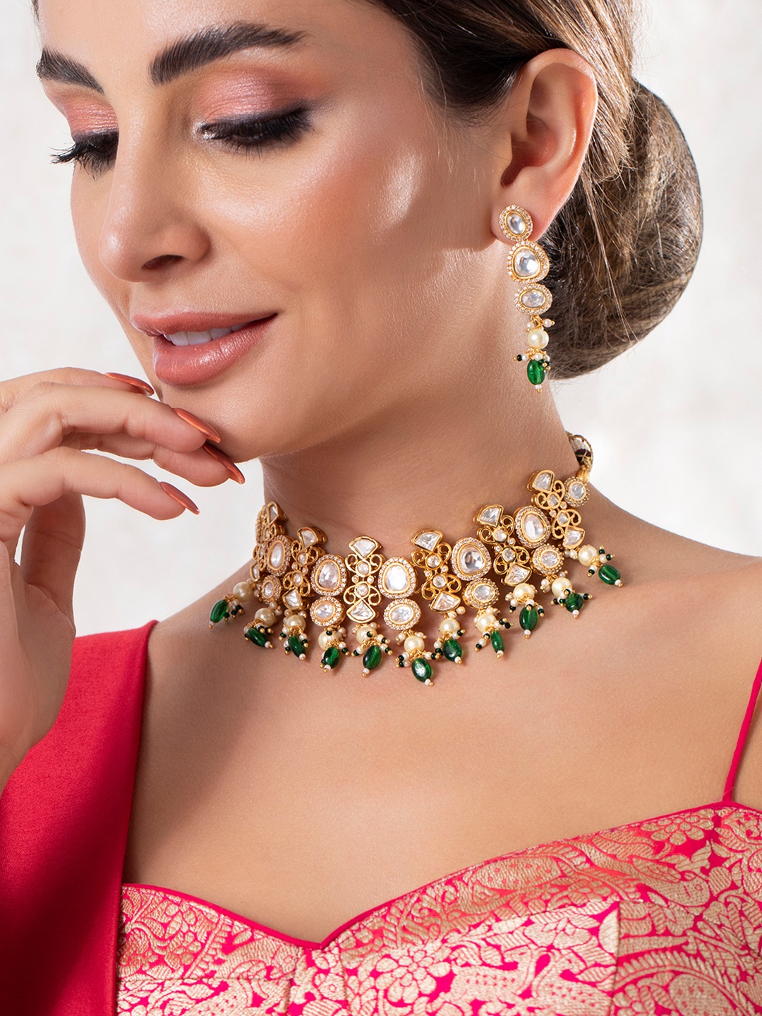 

Rubans 18K Gold Plated Handcrafted Kundan Studded with Green Beads Necklace Set