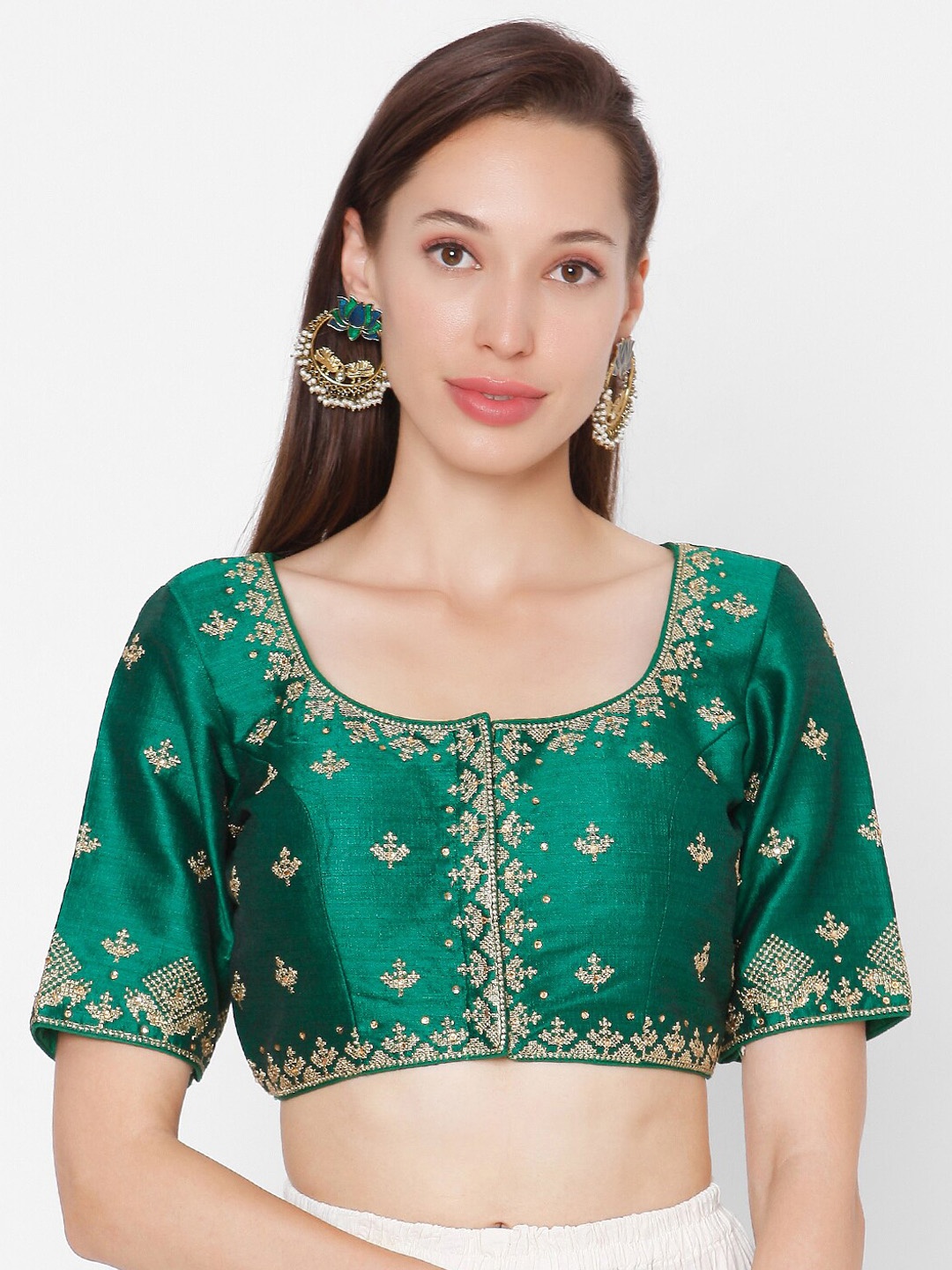 

SALWAR STUDIO Women Green & Gold-Coloured Embroidered Readymade Silk Saree Blouse