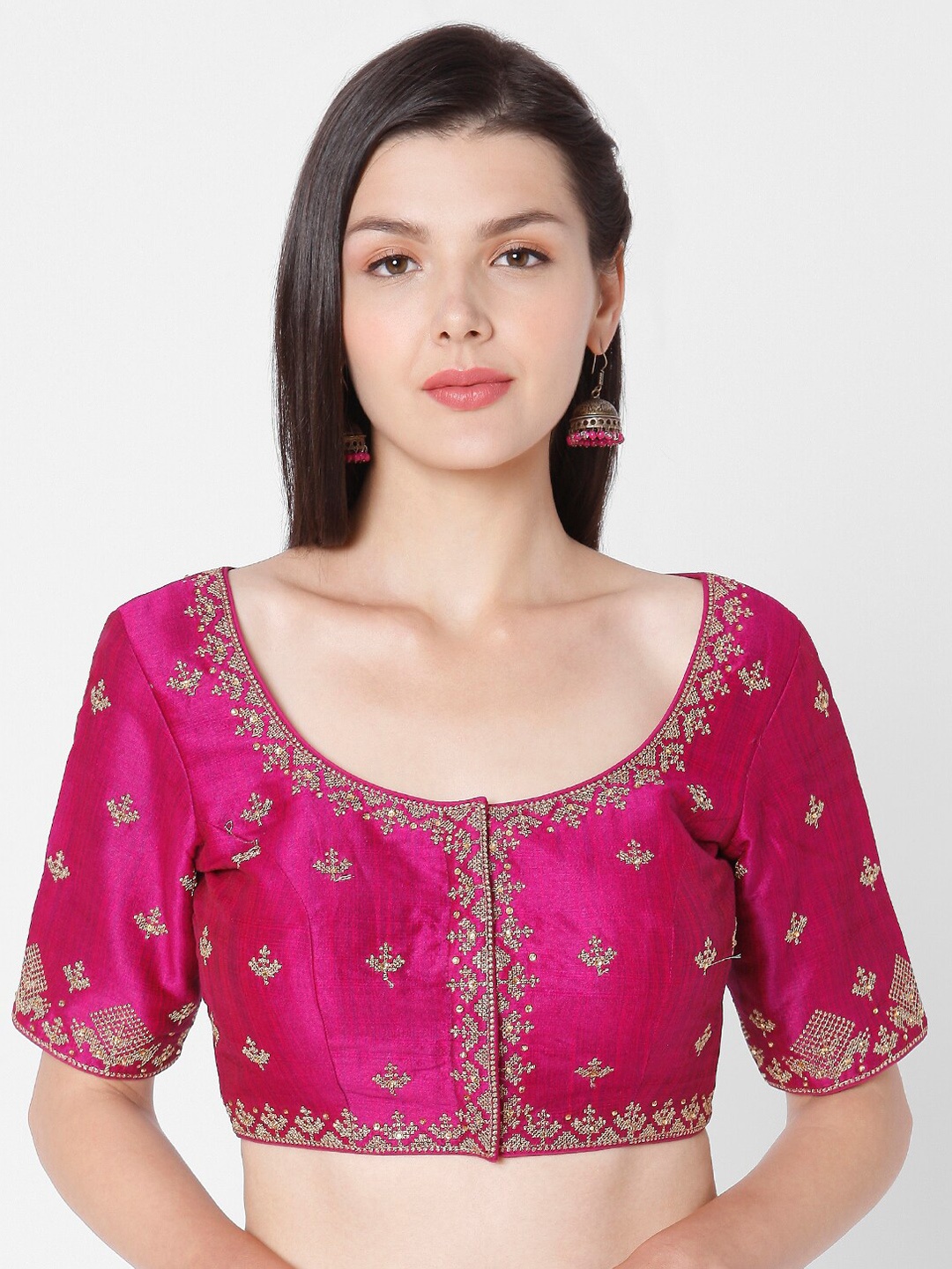 

SALWAR STUDIO Women Pink & Gold-Coloured Embroidered Silk Saree Blouse