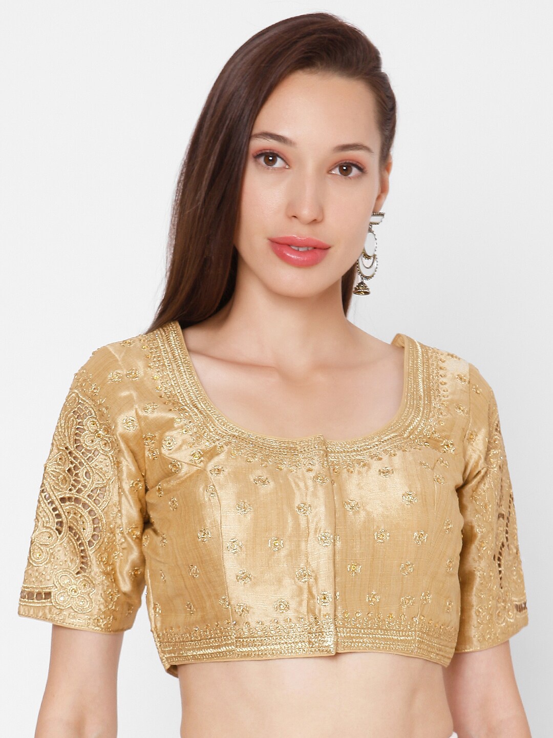 

SALWAR STUDIO Women Gold-Coloured Embroidered Silk Saree Blouse