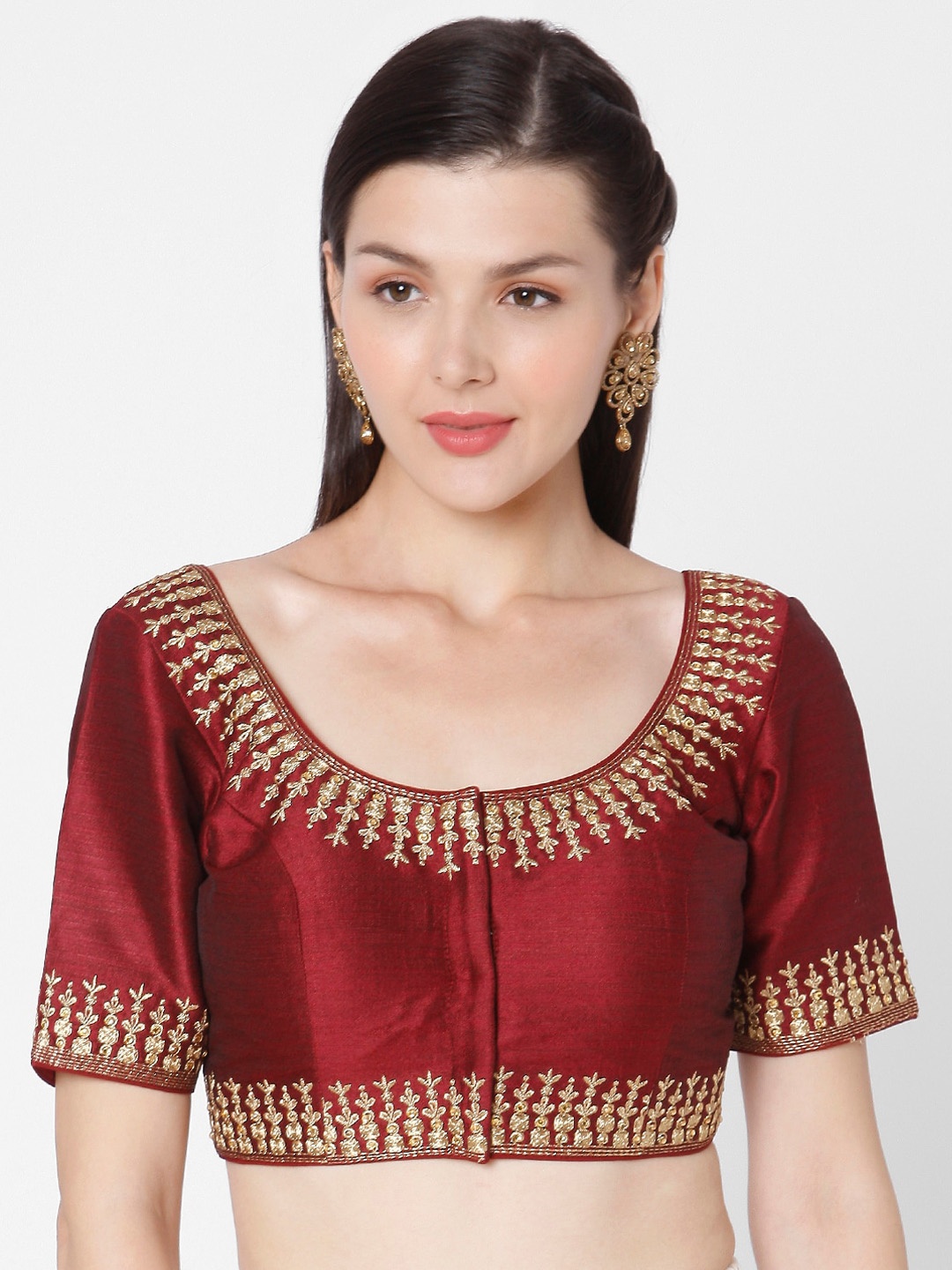 

SALWAR STUDIO Women Maroon & Golden Embroidered Silk Readymade Saree Blouse
