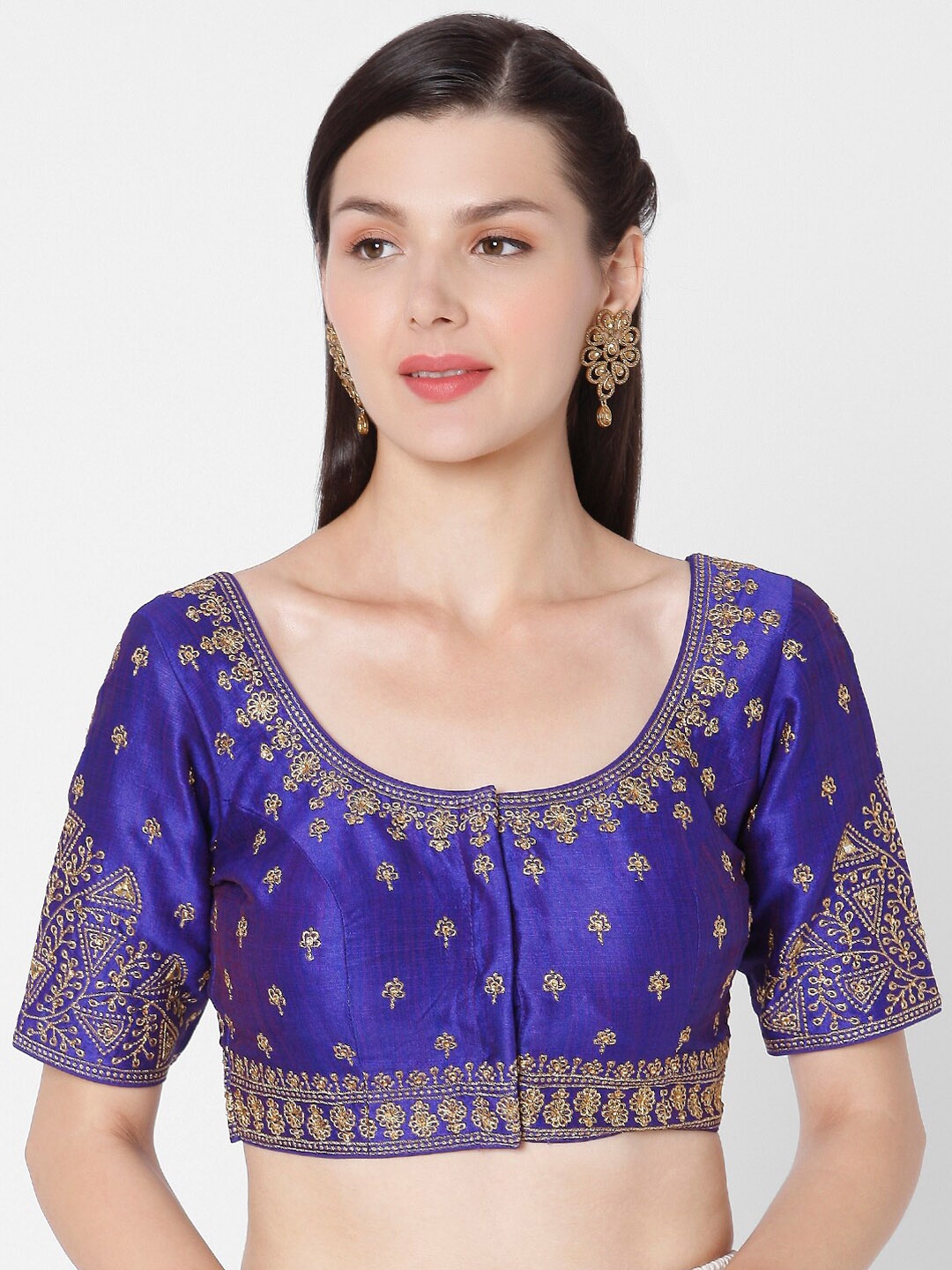 

SALWAR STUDIO Women Blue & Gold-Coloured Embroidered Padded Picasa Silk Readymade Saree Blouse