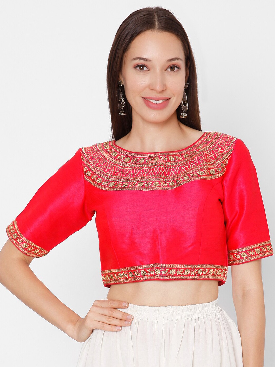 

SALWAR STUDIO Women Pink & Gold-Coloured Embroidered Padded Mulberry Silk Readymade Saree Blouse
