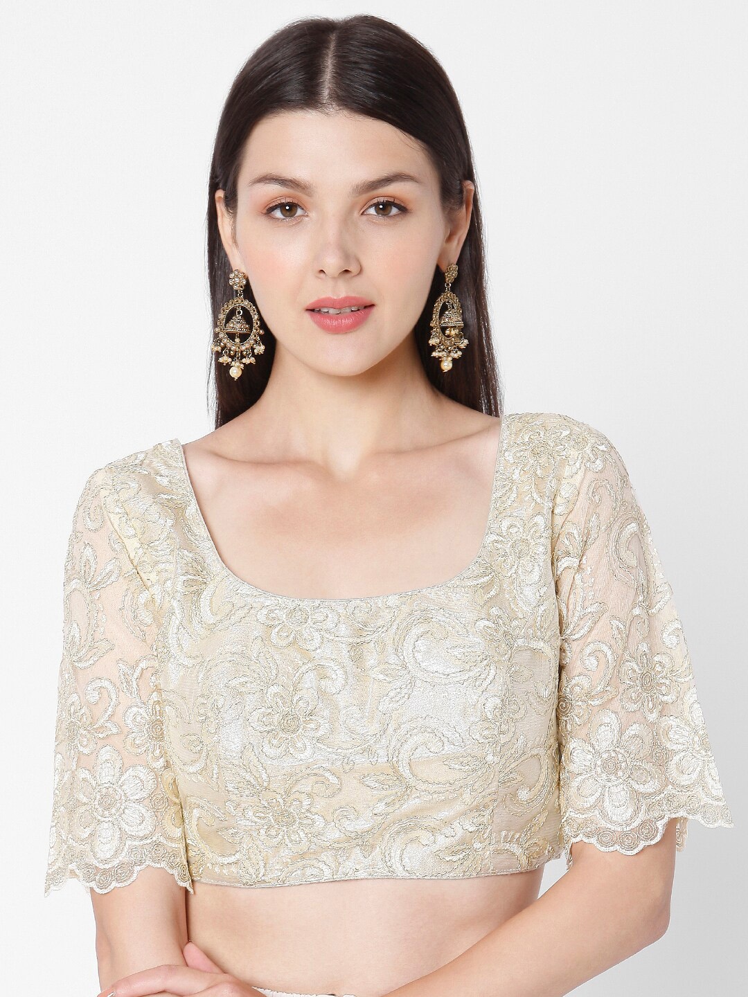 

SALWAR STUDIO Women Gold Coloured Embroidered Saree Blouse