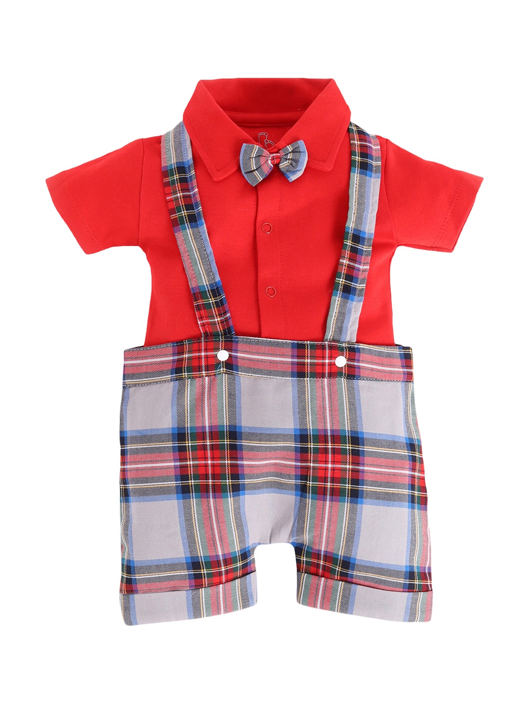 

BABY GO Infants Boys Red & Blue Checked Pure Cotton Dungaree With T-Shirt