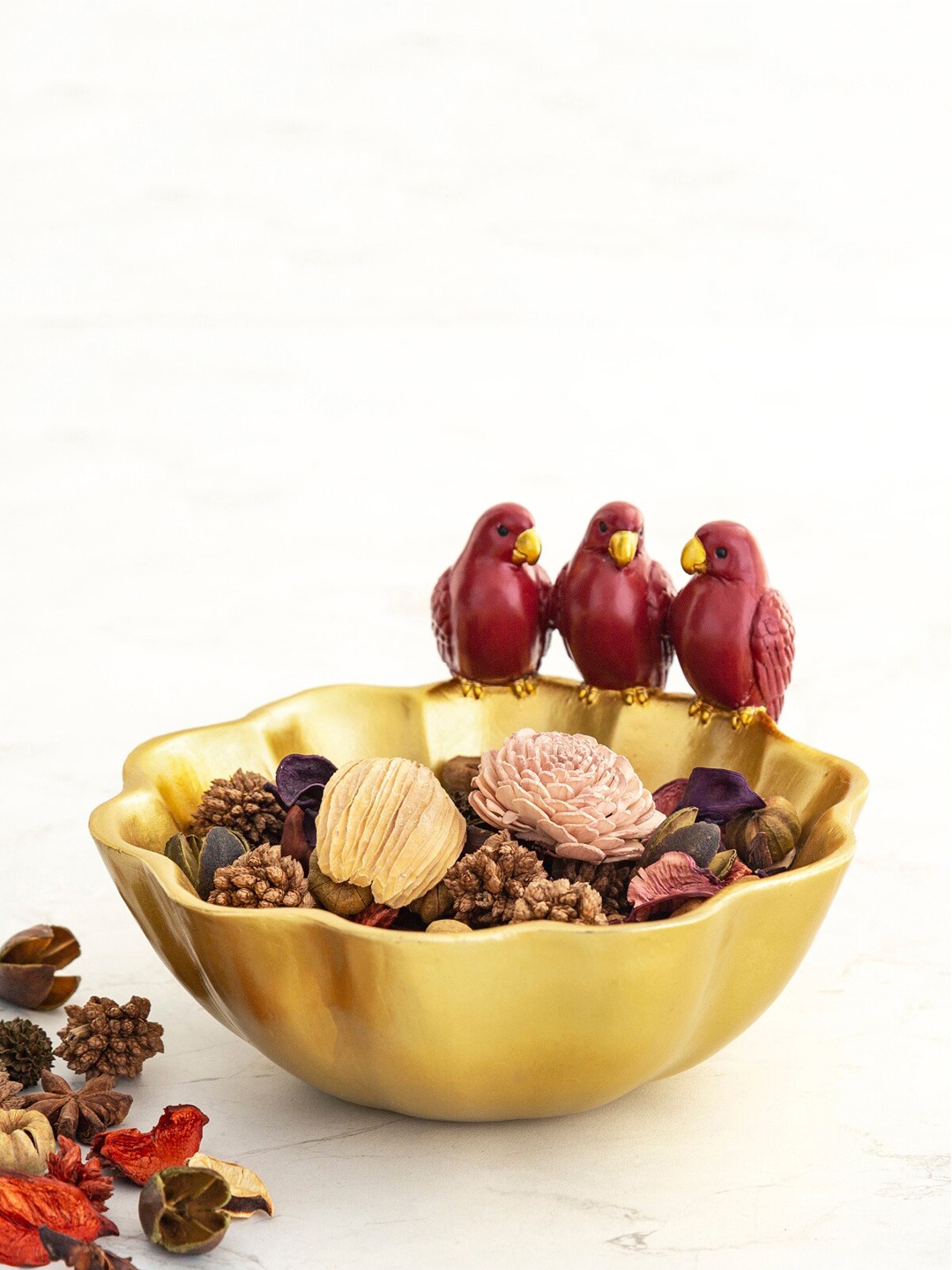 

Home Centre Mustard Yellow & Maroon Trio Macaw Decorative Bowl