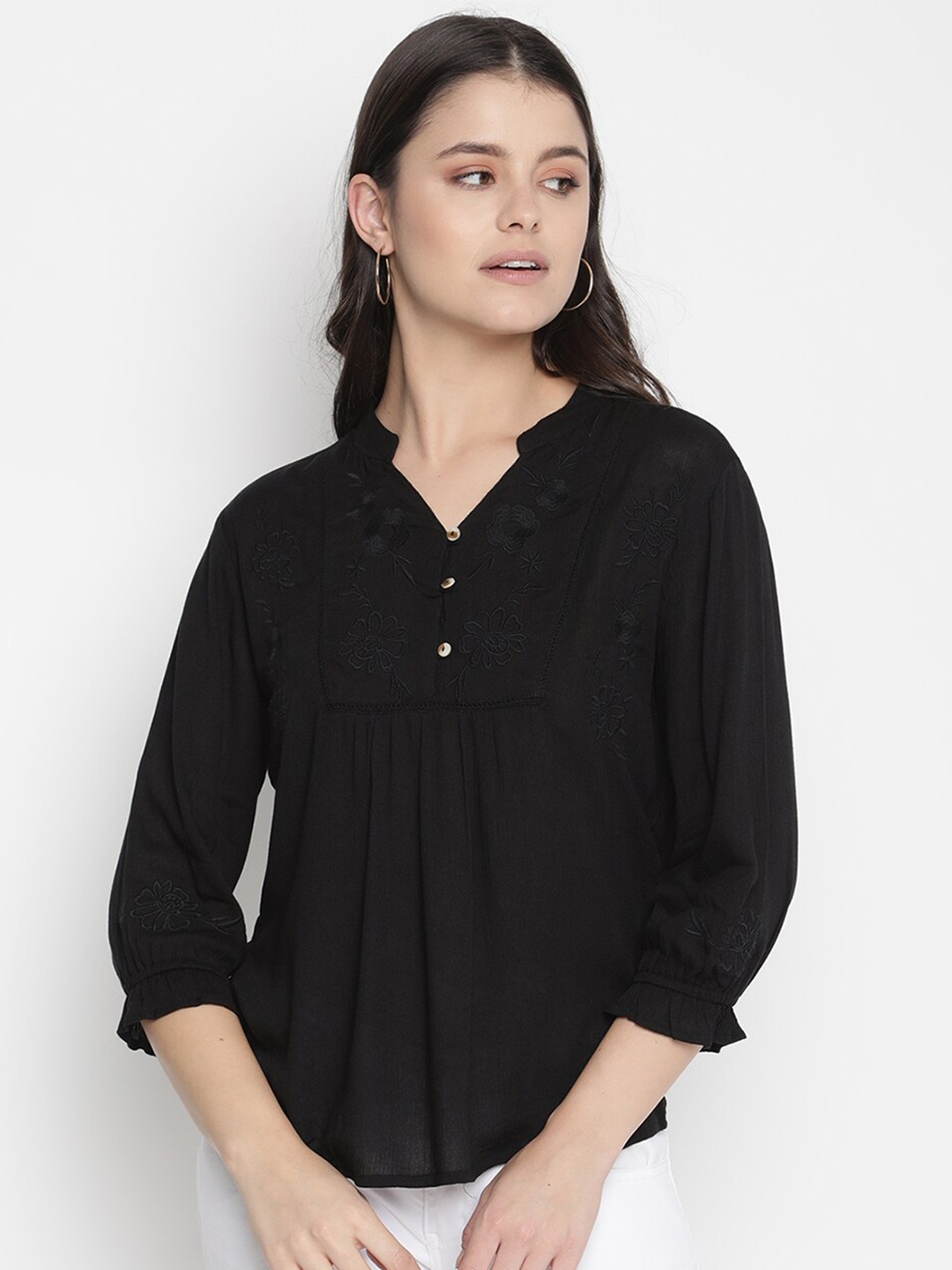 

V2 Value & Variety Black Mandarin Collar A-Line Top