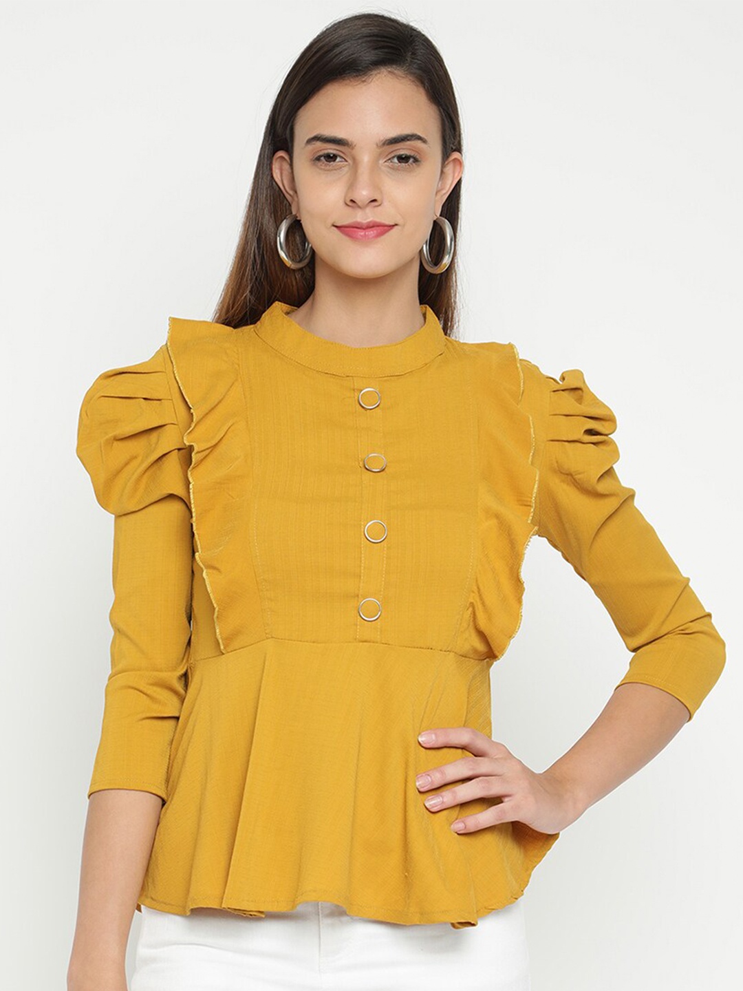 

V2 Value & Variety Mustard Yellow Mandarin Collar Ruffles Peplum Top