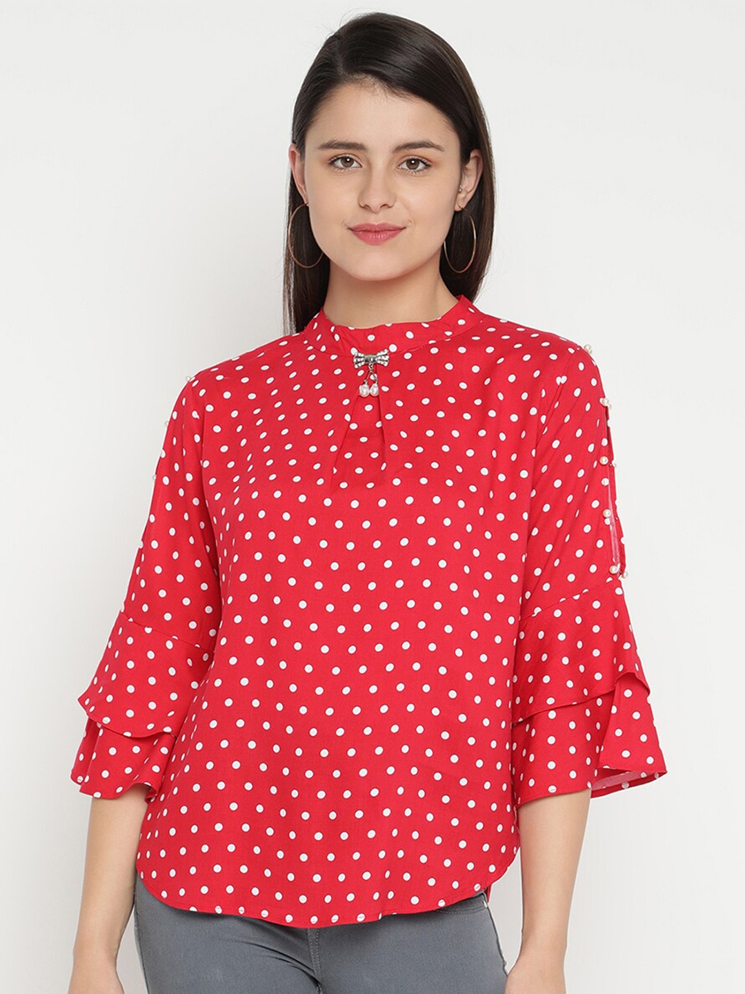 

V2 Value & Variety Red & White Polka Dots Printed Mandarin Collar Regular Top