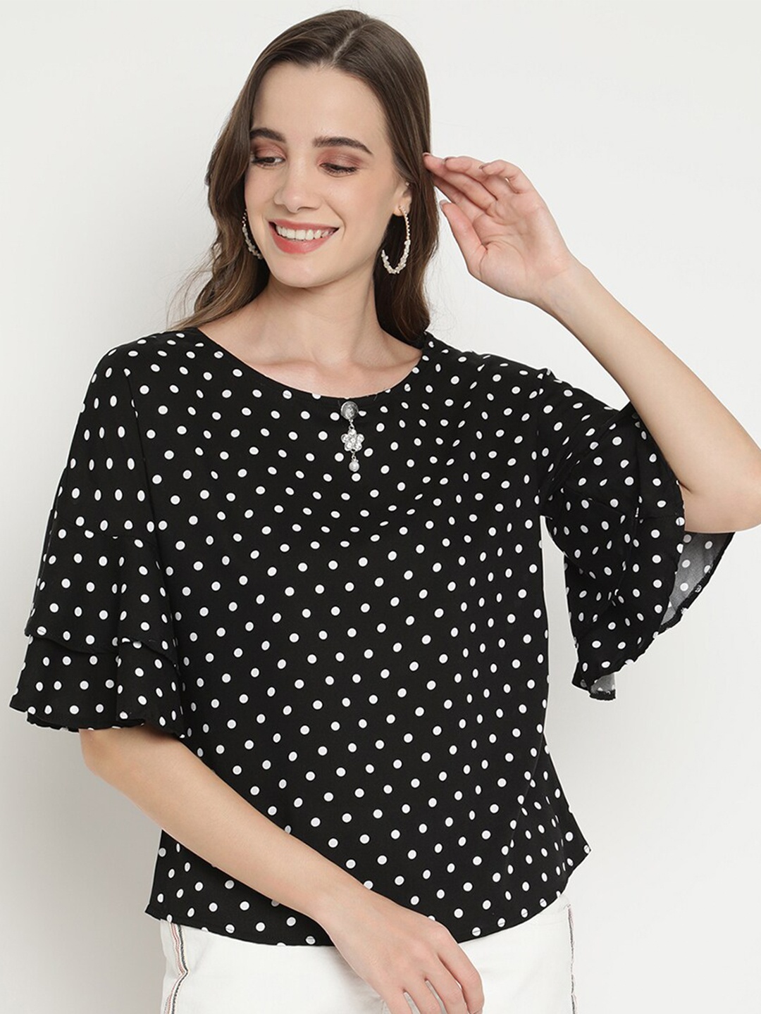 

V2 Value & Variety Women Black Polka Dots Printed Regular Top