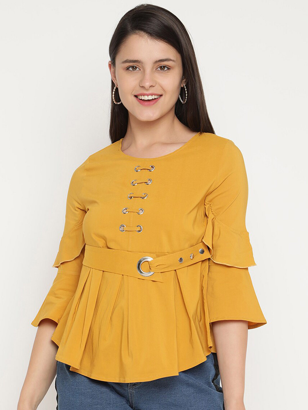 

V2 Value & Variety Mustard Yellow Cinched Waist Top