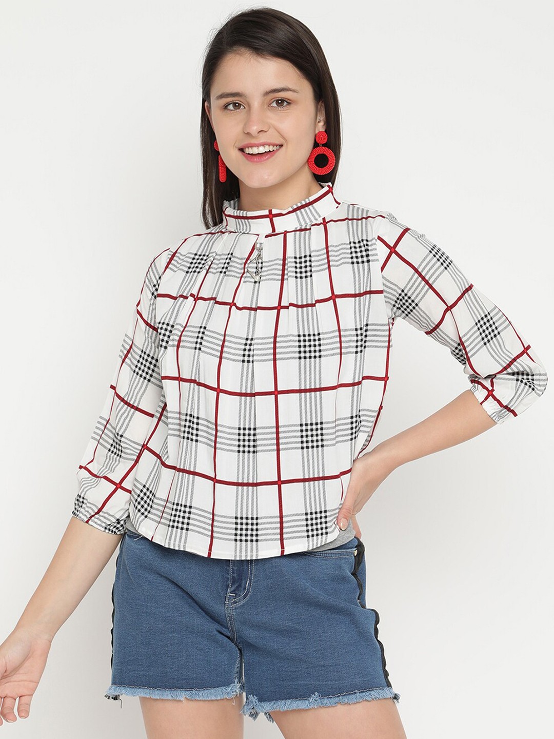 

V2 Value & Variety Women White & Black Checked Hi-neck Styled Back Top