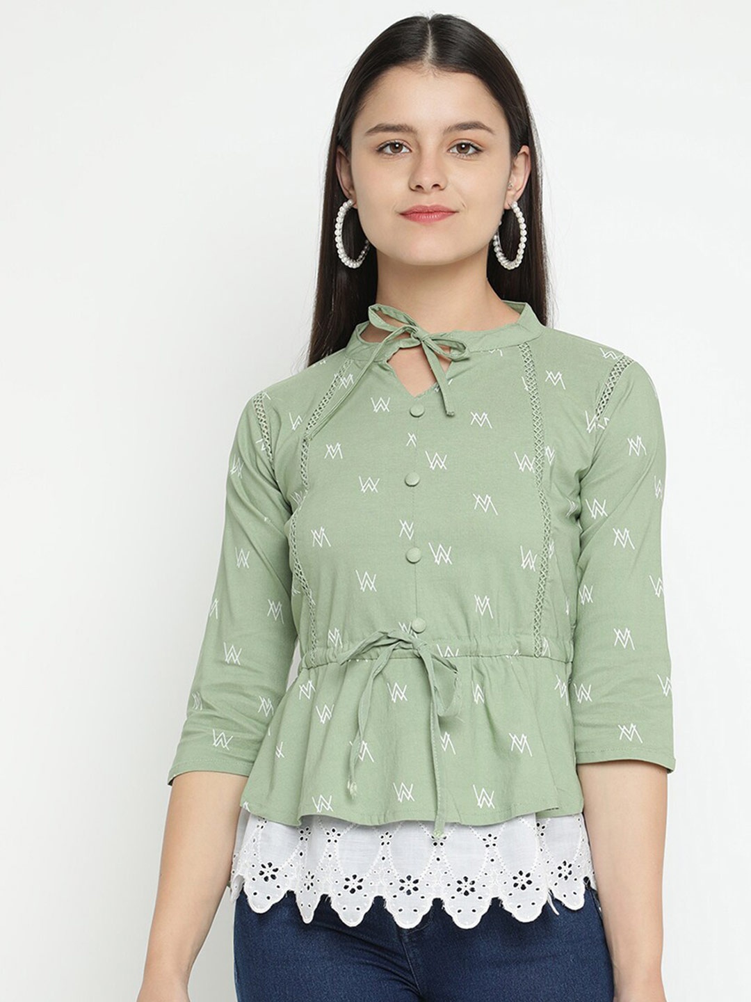

V2 Value & Variety Sea Green & White Geometric Tie-Up Neck Cinched Waist Top