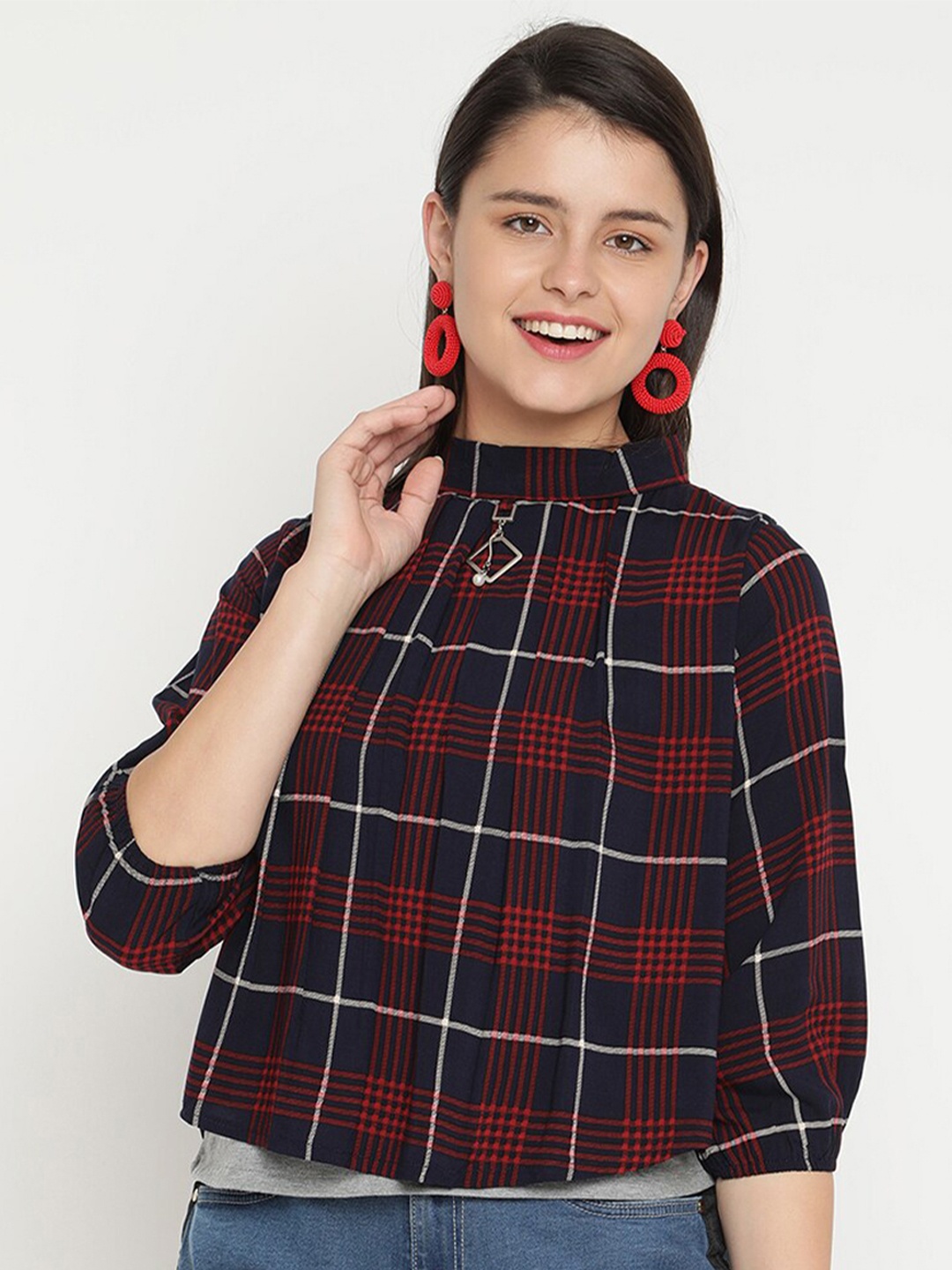 

V2 Value & Variety Women Navy Blue Checked Styled Back Top