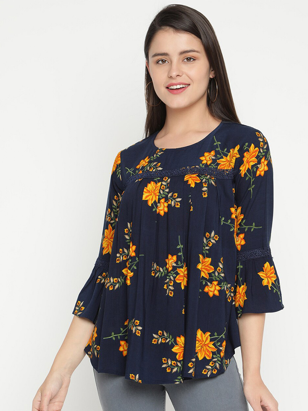 

V2 Value & Variety Navy Blue & Yellow Floral A-Line Top