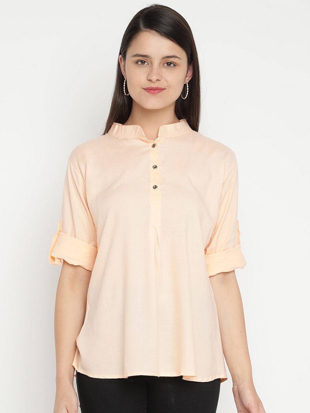 

V2 Value & Variety Peach-Coloured Mandarin Collar Roll-Up Sleeves Regular Top