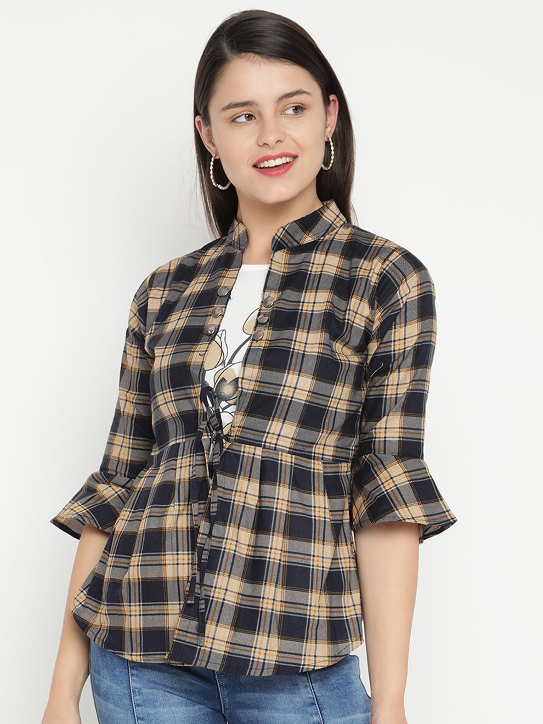 

V2 Value & Variety Beige Checked Mandarin Collar Shirt Style Top