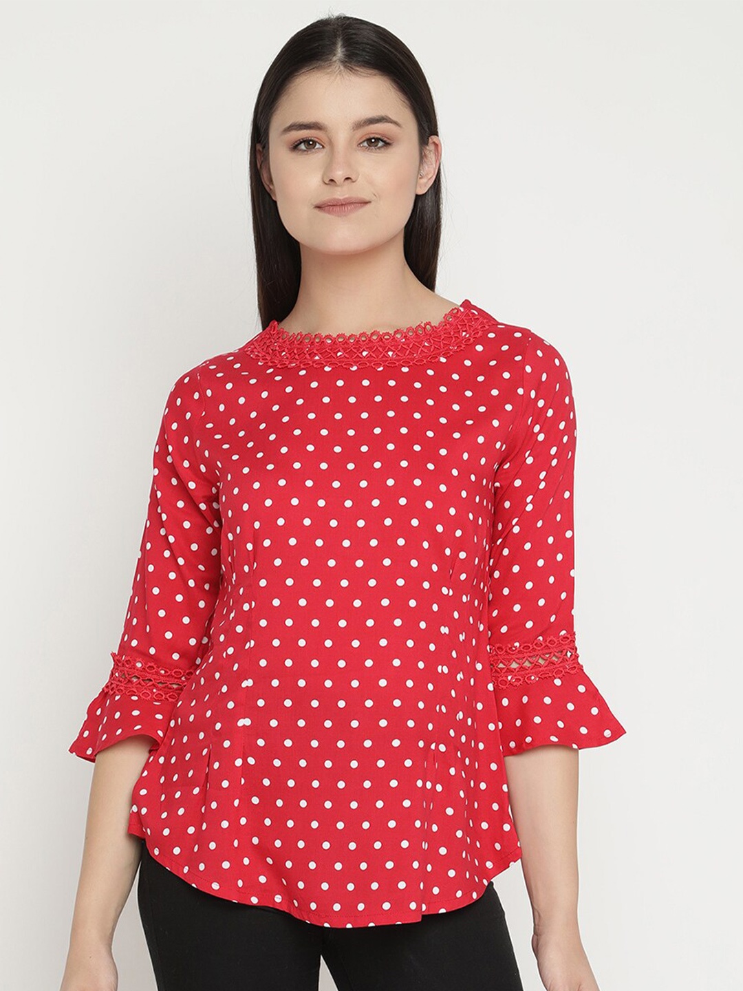 

V2 Value & Variety Red Polka Dots Printed Regular Top