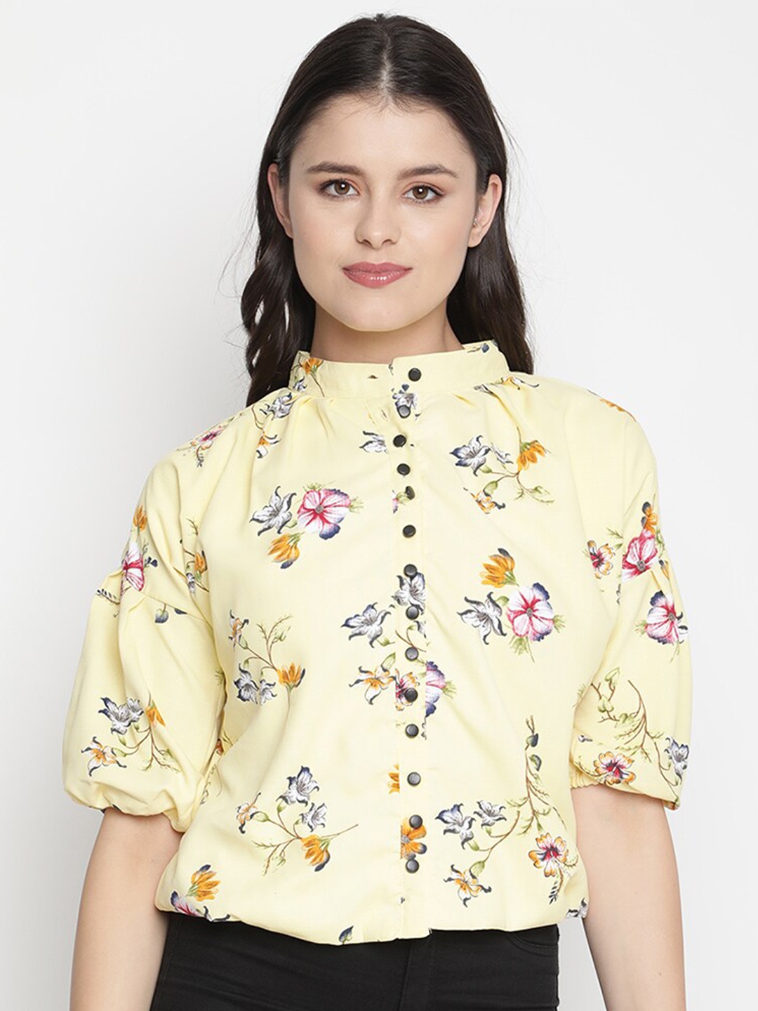 

V2 Value & Variety Yellow & Pink Floral Mandarin Collar Shirt Style Top