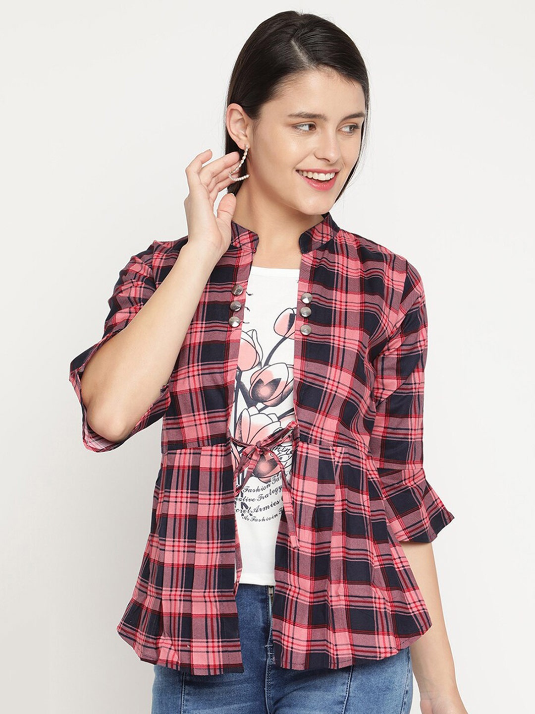 

V2 Value & Variety Pink Checked Mandarin Collar Shirt Style Top