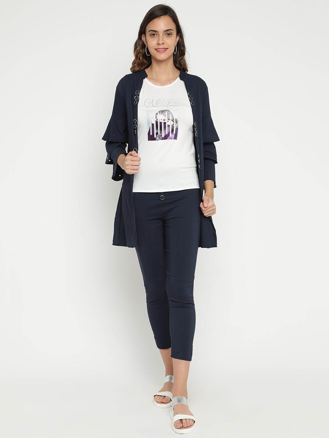 

V2 Value & Variety Women Navy Blue Printed Top & Leggings With Longline Shrug