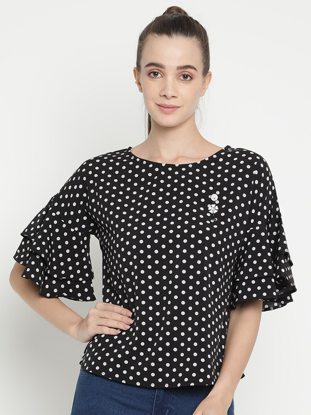 

V2 Value & Variety Black & White Polka Dots Printed Bell Sleeves Crepe Regular Top