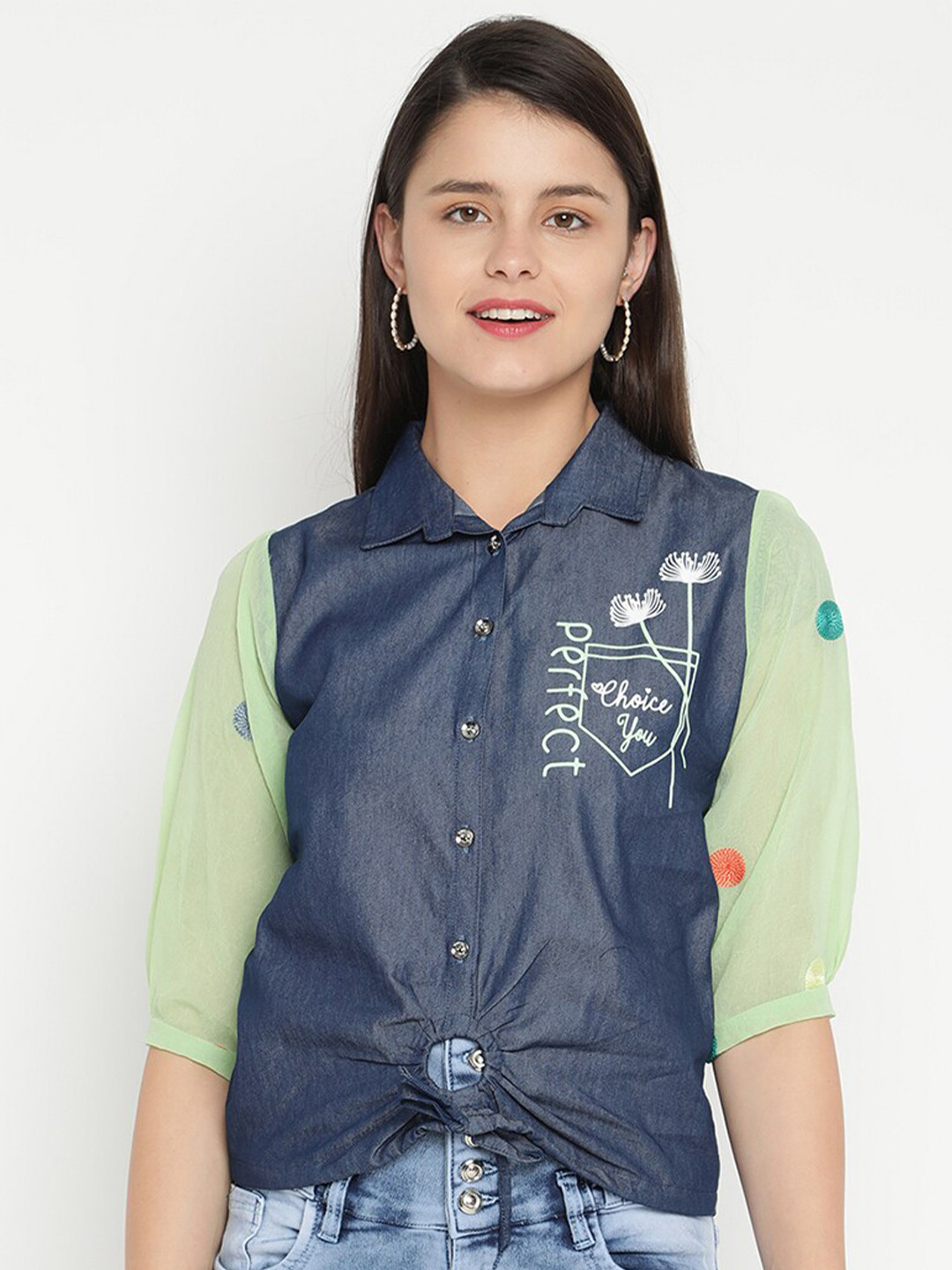 

V2 Value & Variety Green & Navy Blue Shirt Style Top