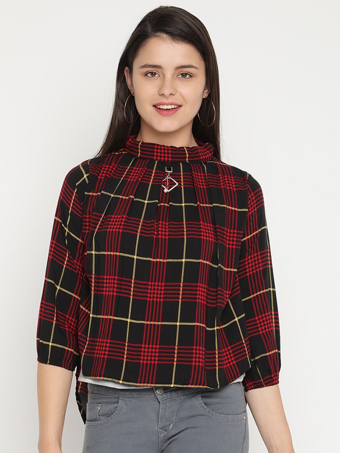 

V2 Value & Variety Black Checked Mandarin Collar Styled Back Top