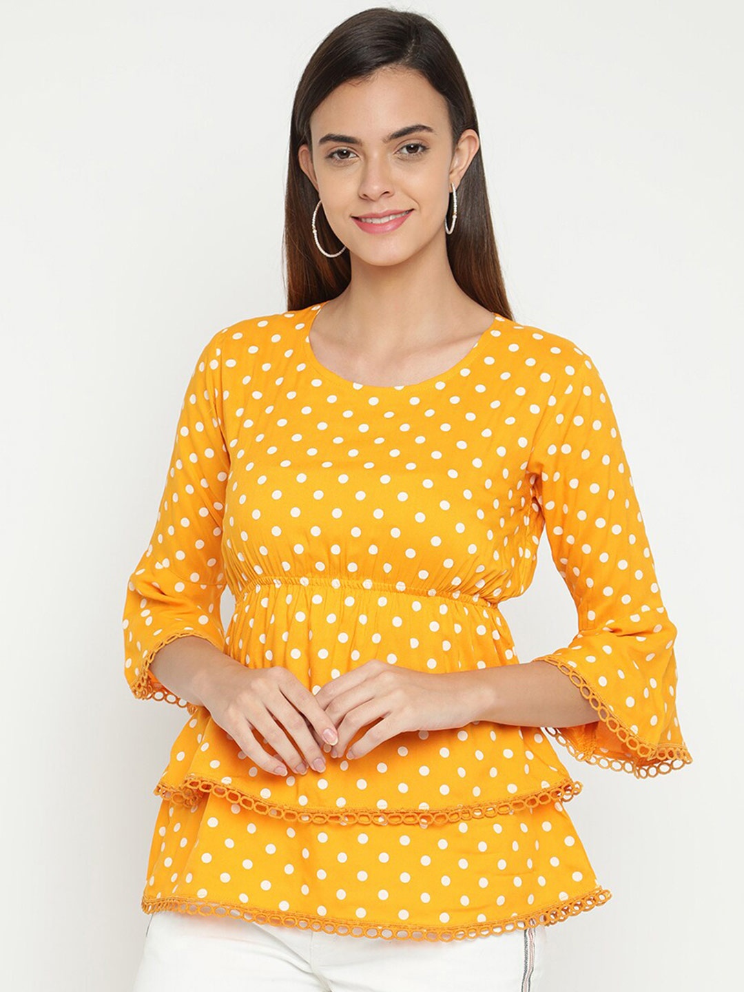 

V2 Value & Variety Mustard Yellow & Off White Cinched Waist Top