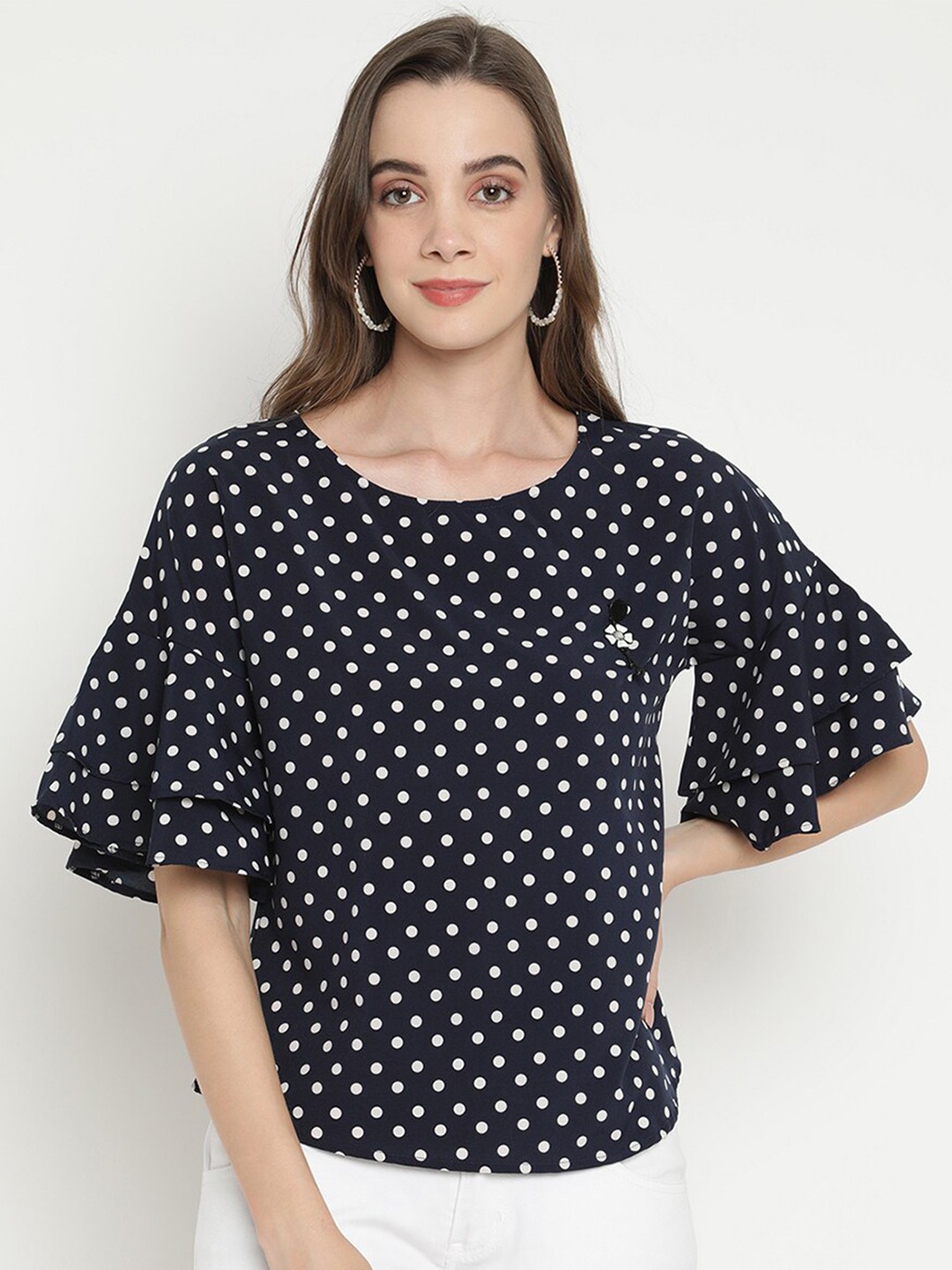

V2 Value & Variety Navy Blue & Off White Polka Dot Crepe Regular Top