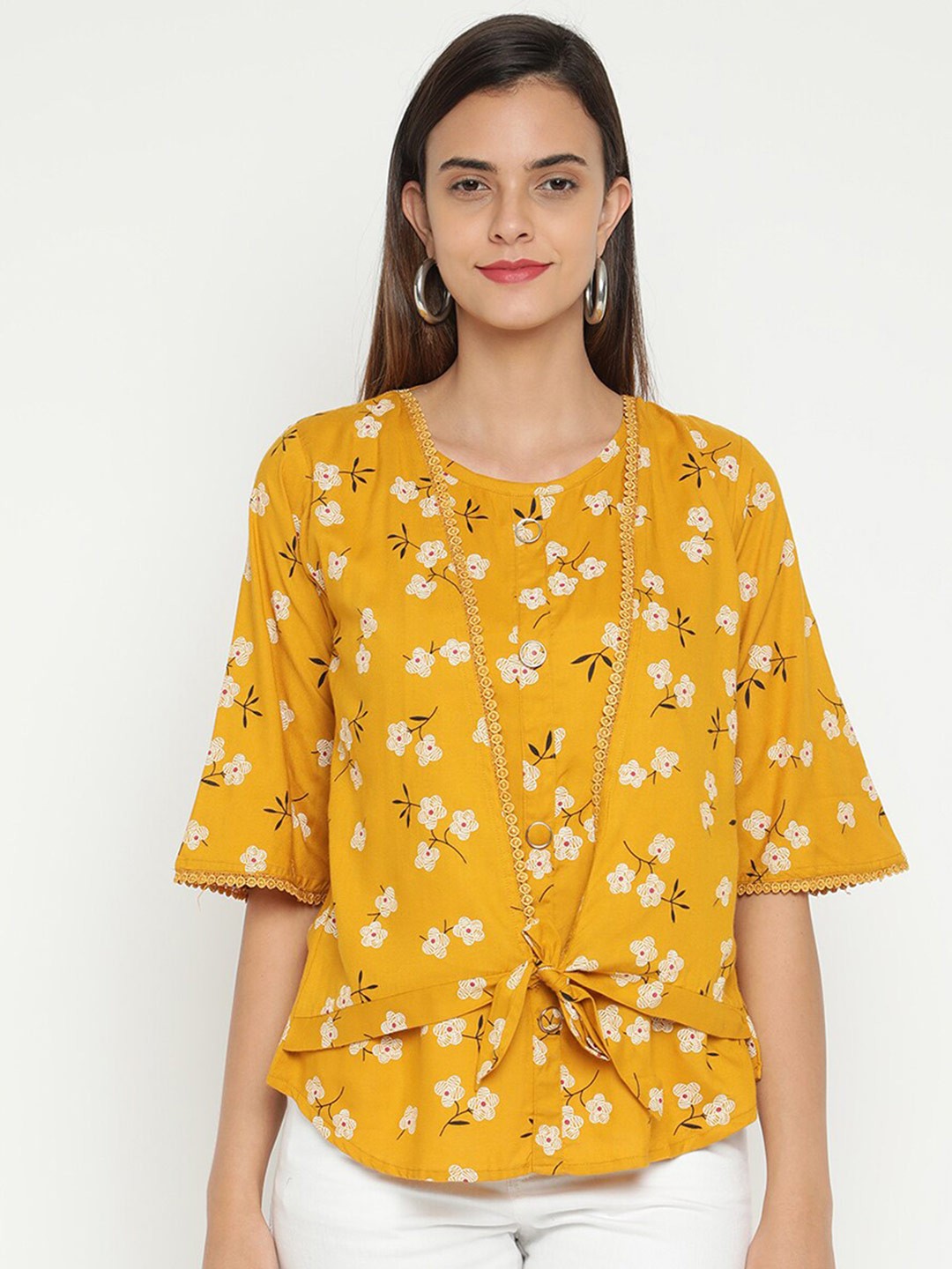 

V2 Value & Variety Mustard Yellow Floral Regular Top